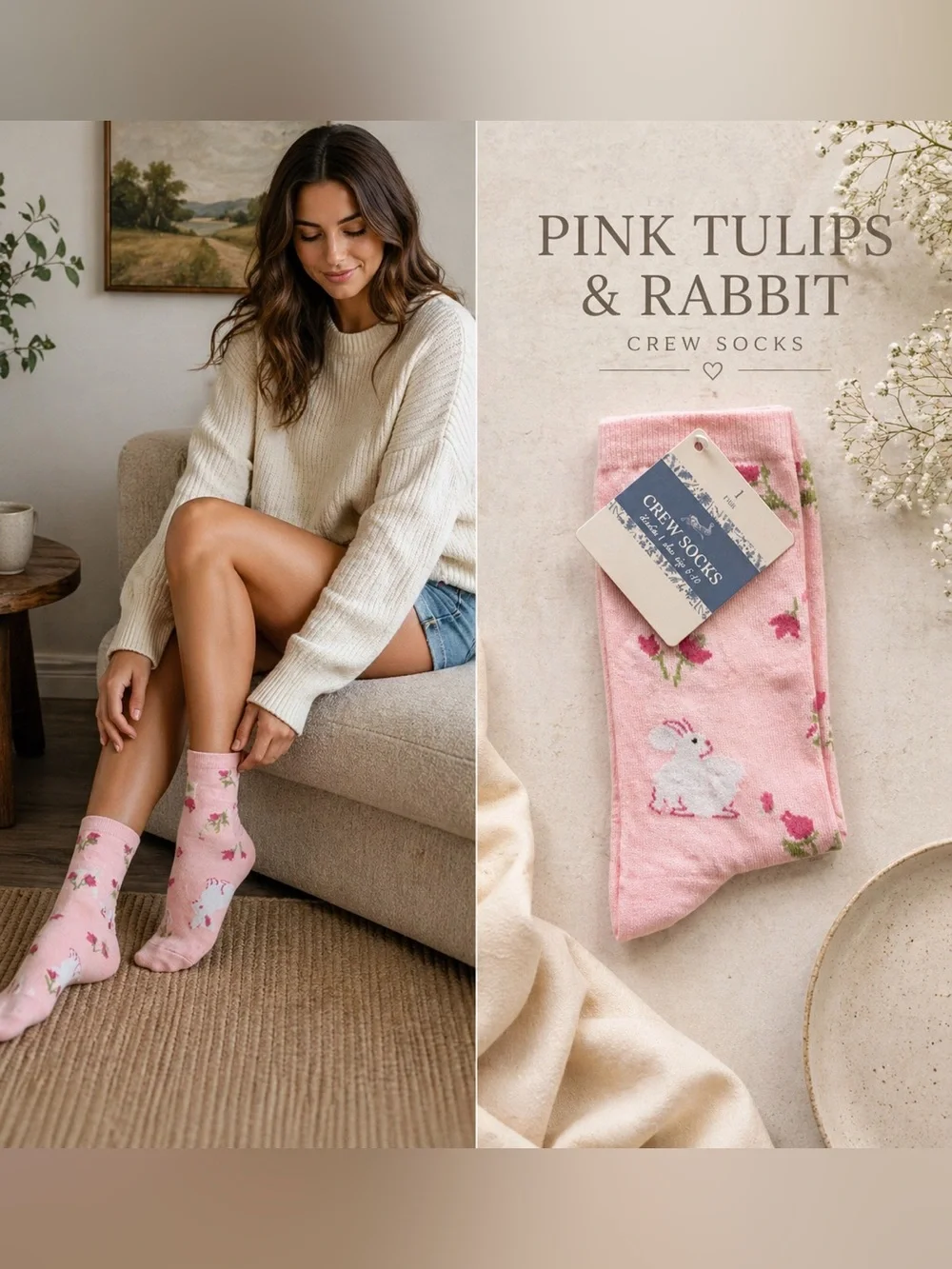 Pink Tulip & Bunny Crew Socks | Feminine Floral Soft Knit Boutique Socks