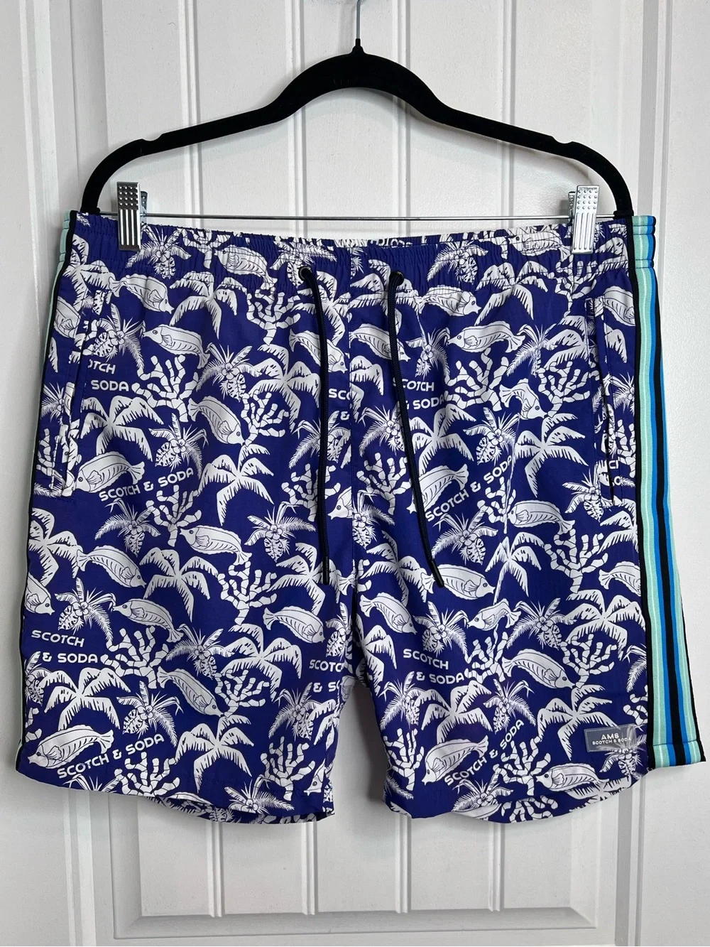 Scotch & Soda Royal Blue Tropical Swim‎ Trunks with Side Stripes. Size XL.