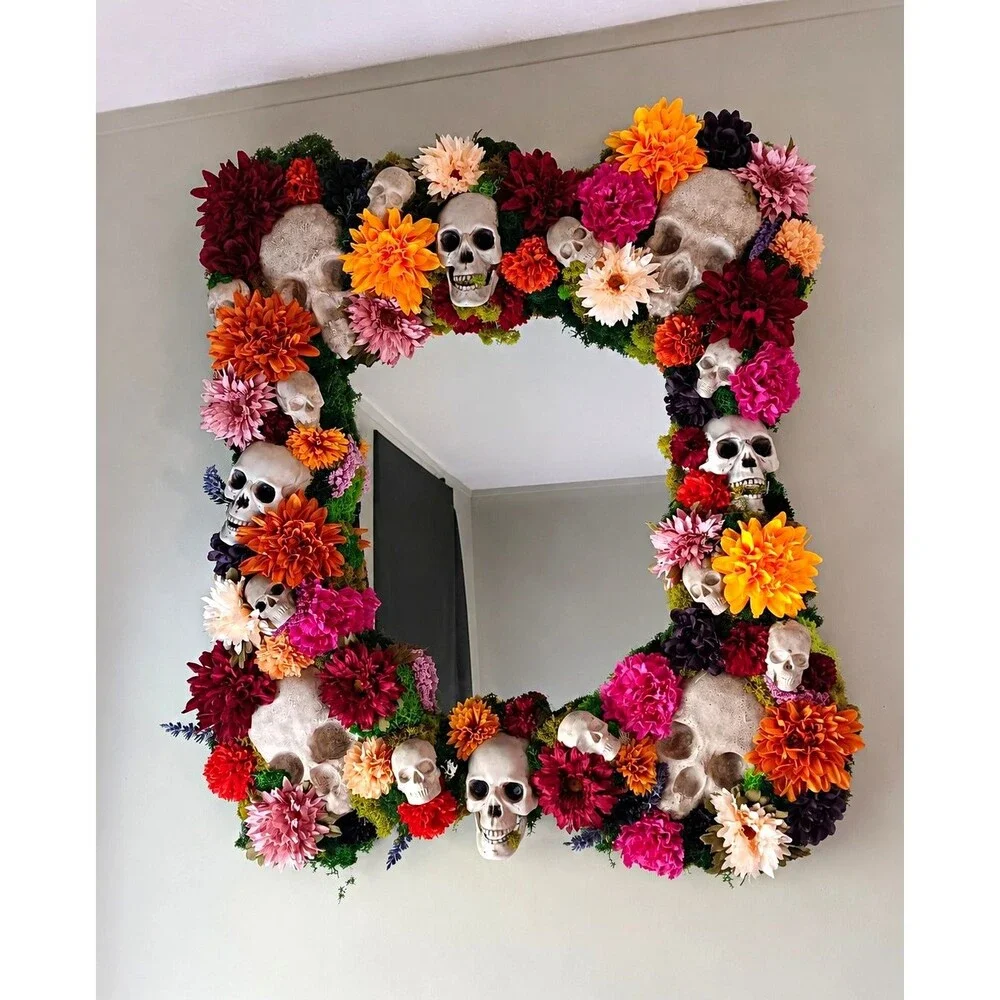 Skull & Flower Decor Mirror Frame Wall Hanging with Multiple Skulls