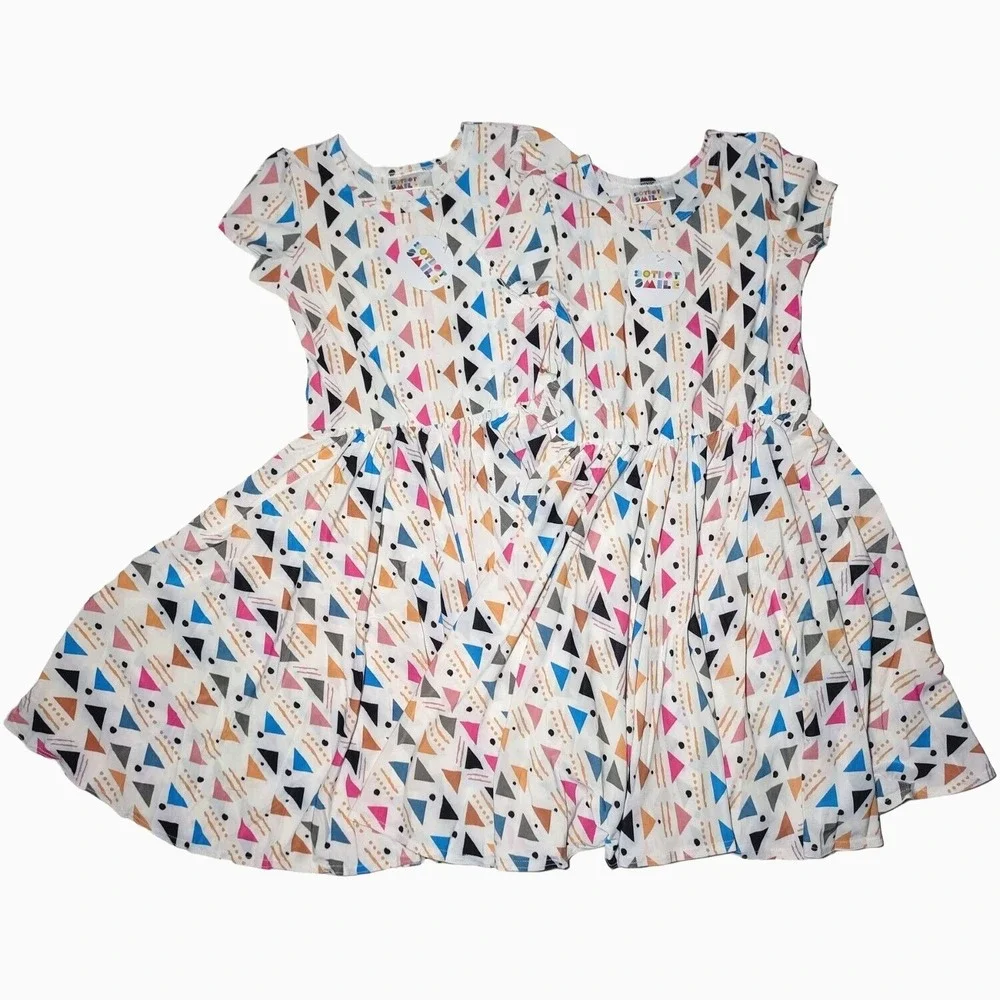 2 Dot Smile Girls 7 White Triangle Kaleidoscope Cap Sleeve Twirl Dress Lot Twins