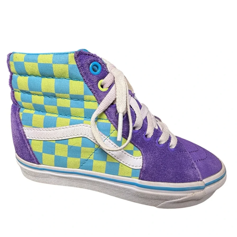Vans Sk8 Hi Checkerboard Kids High Top Sneakers Purple‎ Yellow Blue Sz 4.5 / 6