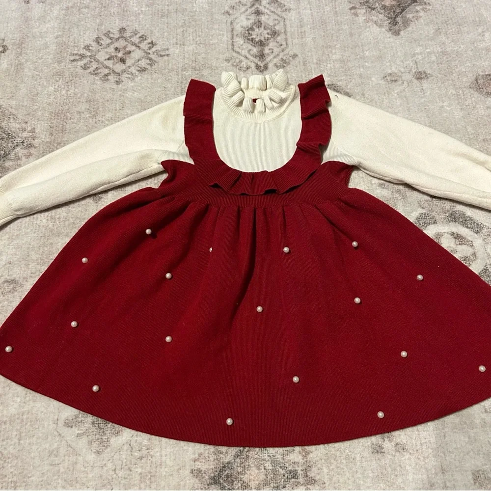 Kids Size 6Y Adorable Red + Cream Dress and Pearl‎ Accents Christmas Holiday