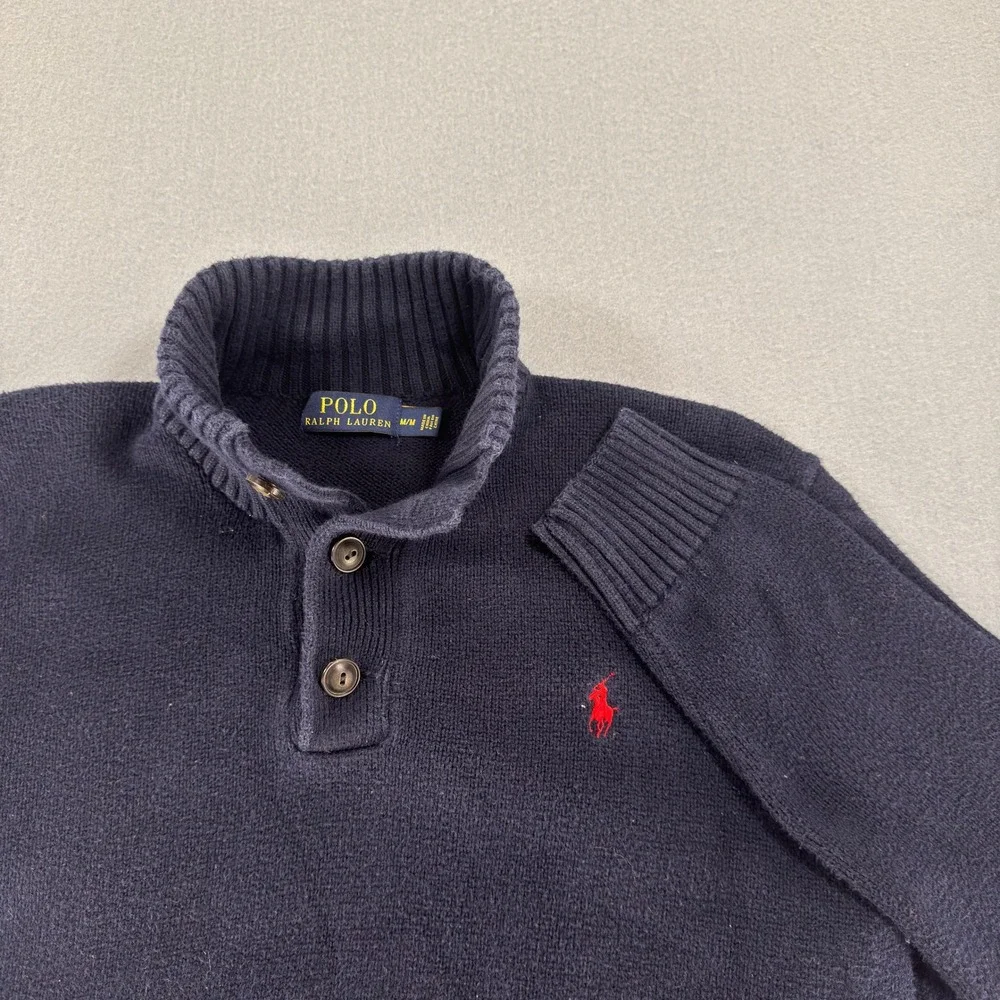 Polo Ralph Lauren Mens Navy Blue Mock Neck Button Cotton Sweater Size M