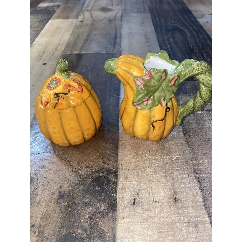 Autumn Fall Orange Pumpkin Gourd‎ Leaves Sugar Bowl and Creamer Set thanksgiving