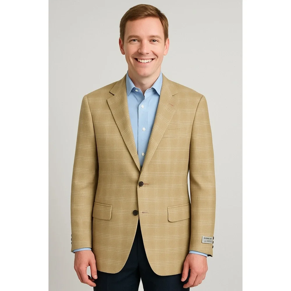 New Arnold Brant Bamboo Two Button Jacket Blazer Mens Beige Plaid Sz 42L $495new
