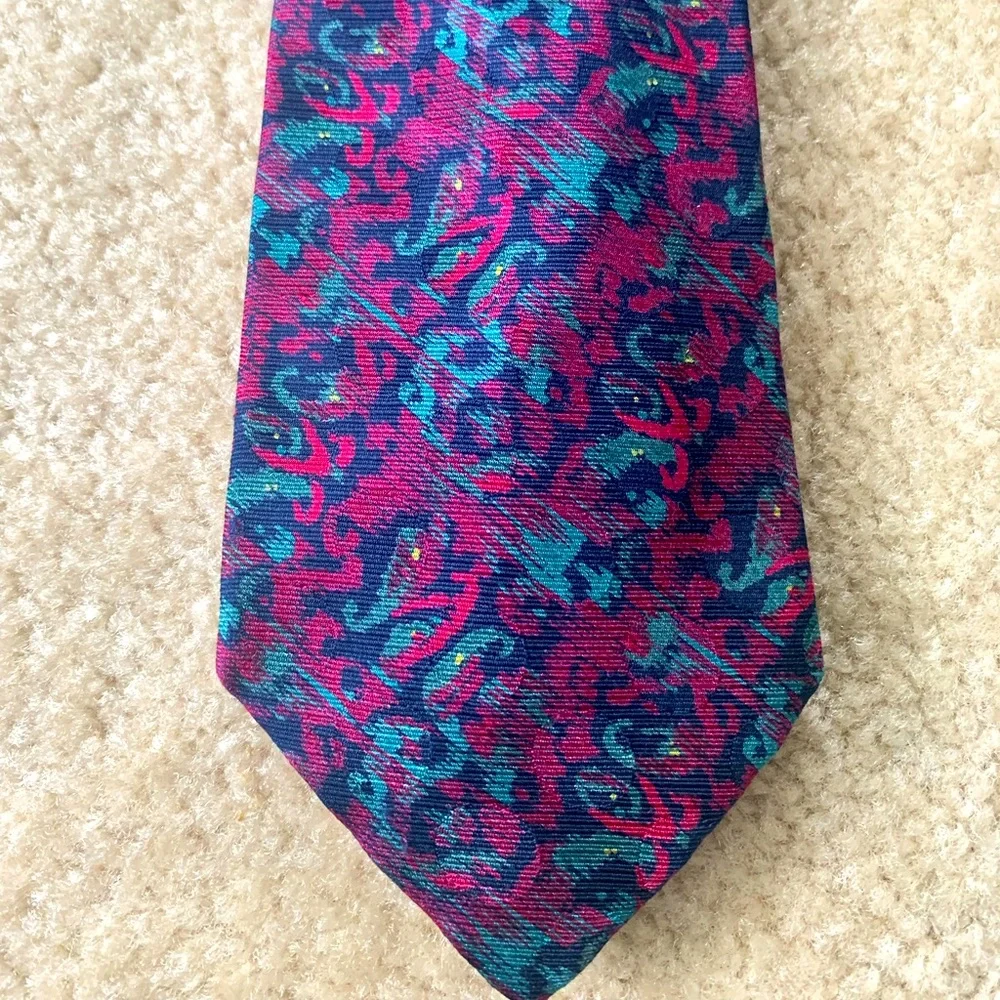 Burberry Teal Navy Blue And Burgundy Silk Tie