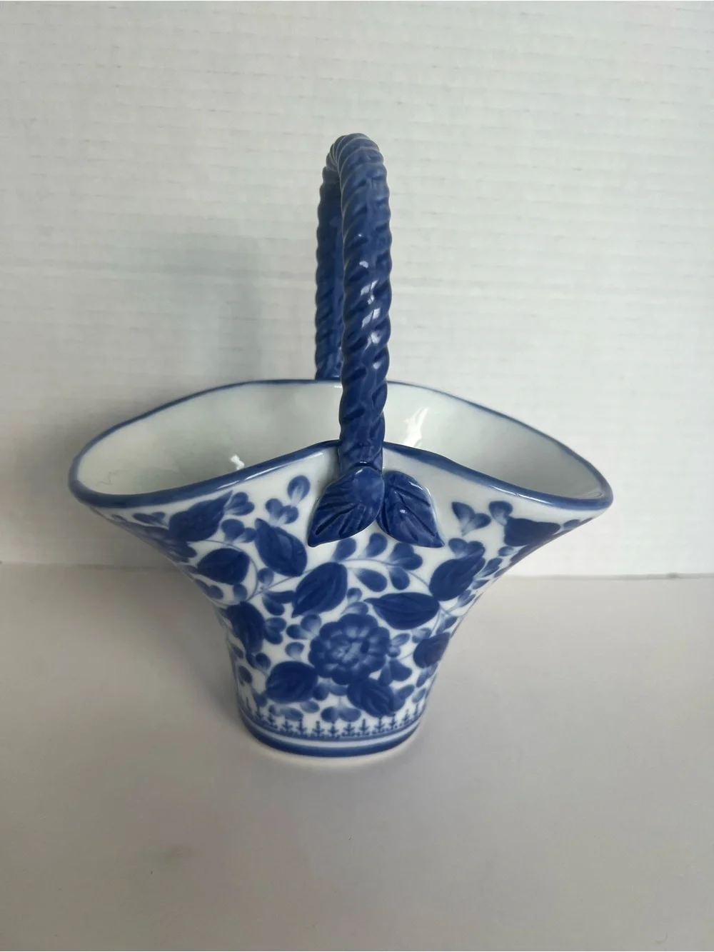 Vintage Blue White Porcelain Basket Floral Ceramic Twisted Handle Applied Leaves