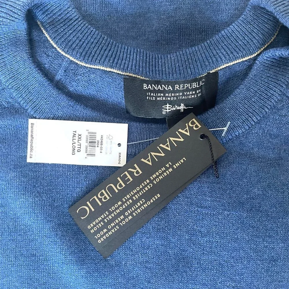 Banana Republic Merino Wool Sweater Mens XXL TALL Blue Pullover Crewneck Italian