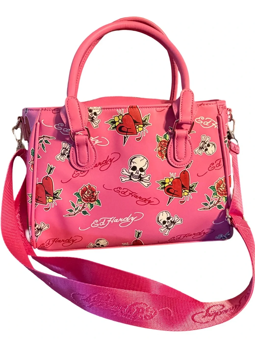 Ed Hardy NWT Pink Tattoo-Print Insulated Lunch Satchel  Detachable Strap (P245)