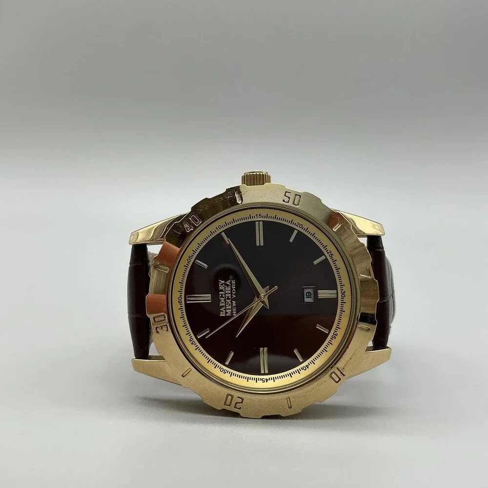 Badgley Mischka Mens Watch 44mm Brown Dial Date Gold Tone Leather Band