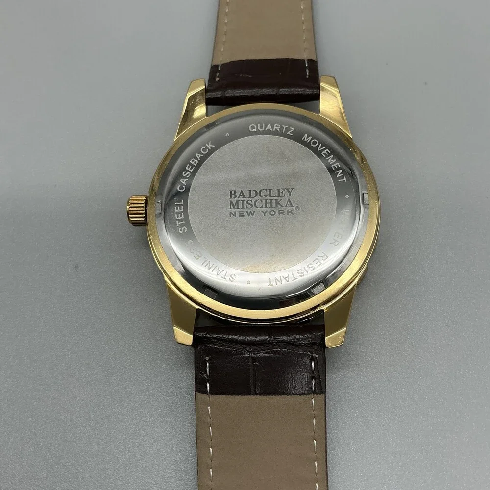 Badgley Mischka Mens Watch 44mm Brown Dial Date Gold Tone Leather Band