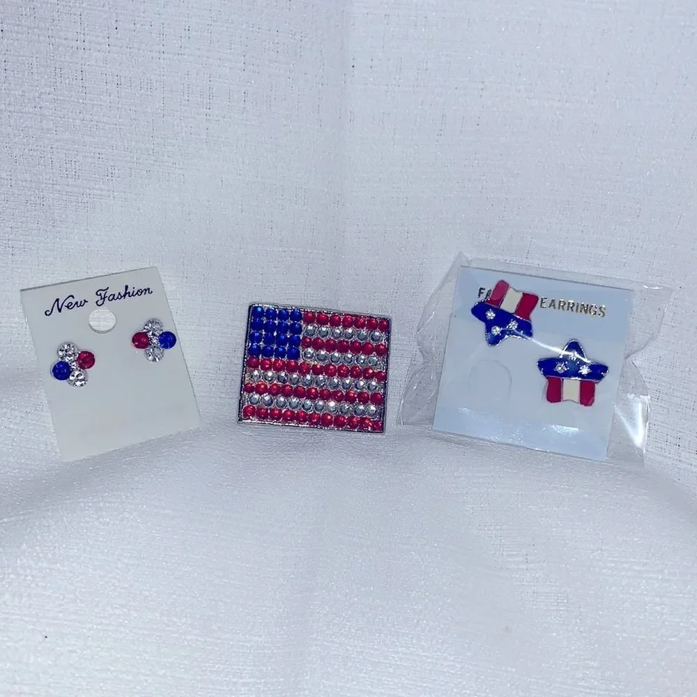 VGT patriotic pin and rhinestone earrings‎