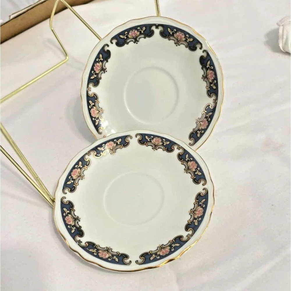 Toyo‎ Saucers Set of 2  4.75in White Cobalt Blue Floral Gold Gilt Japan