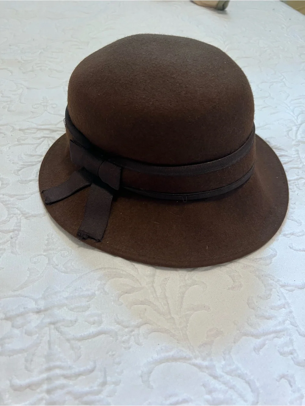 Scala Brown 100% Wool Felt Cloche Hat with Ribbon Bow