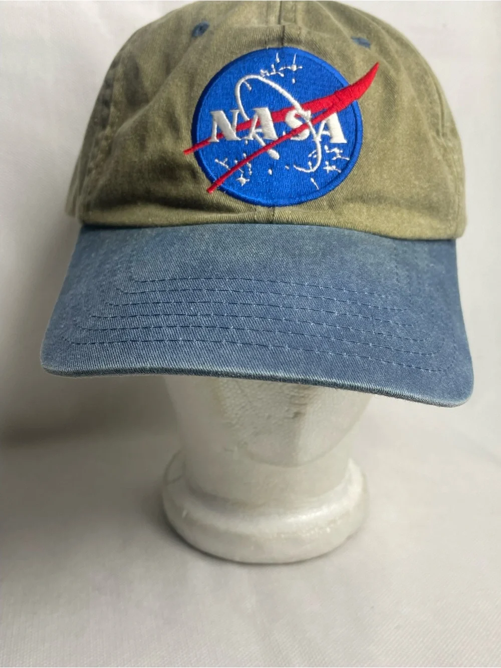 VTG NASA Insignia Embroidered Cotton Cap Plastic Lines Adjustable Snap Olive Hat