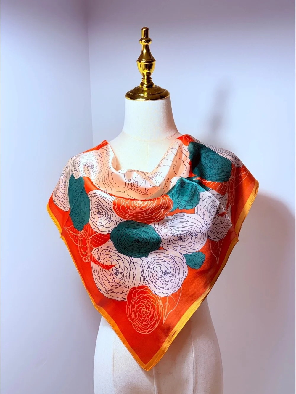 Orange Floral Scarf with Green and White Rose Pattern