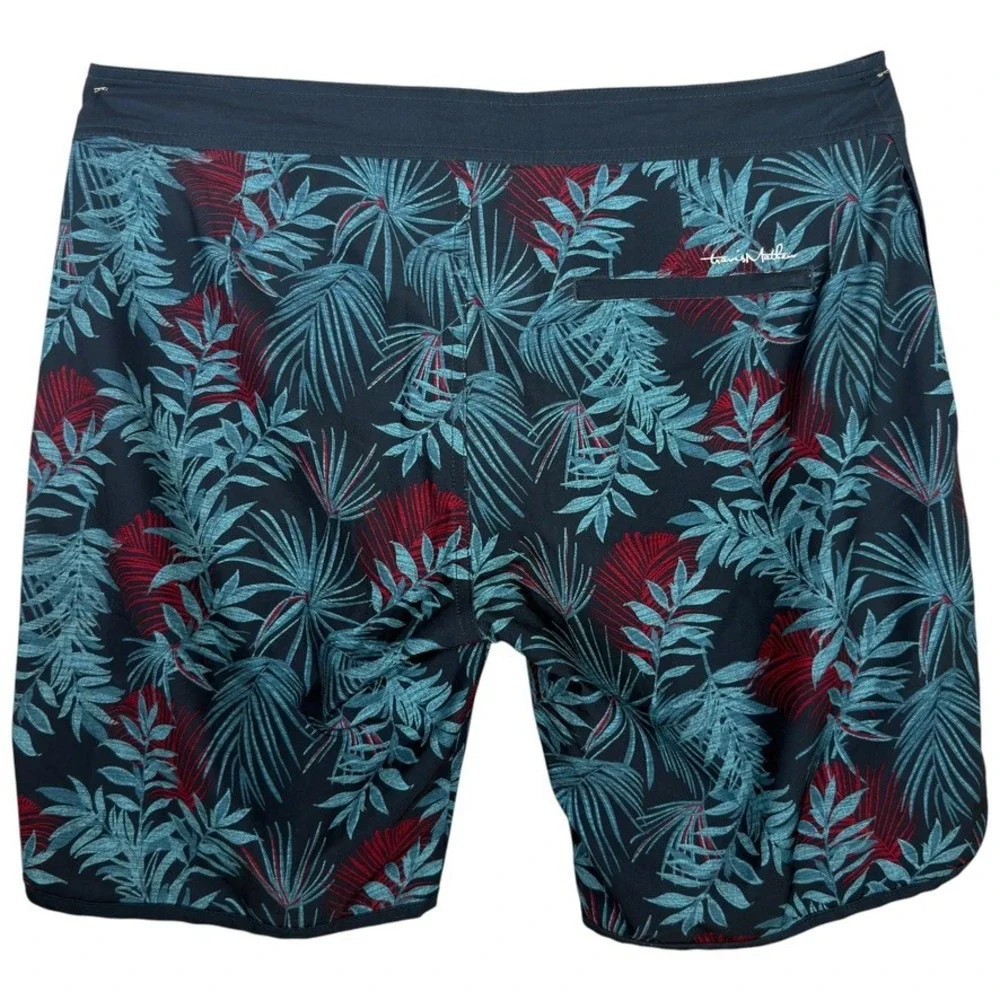 TravisMathew Men's Tropical Leaf Board Shorts Navy Red Stretch Swim Size 38