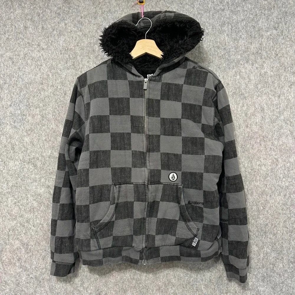 Y2K Volcom Youth Checkered Faux‎ Fur Lined Hoodie Jacket Kids XL