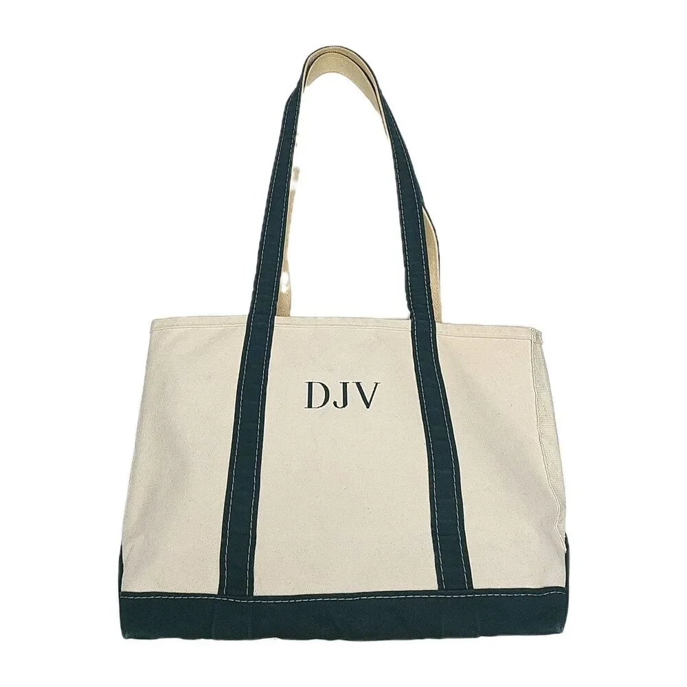 LL Bean Boat And Tote Bag Canvas Green Monogram DJV Open Top Shoulder Vintage