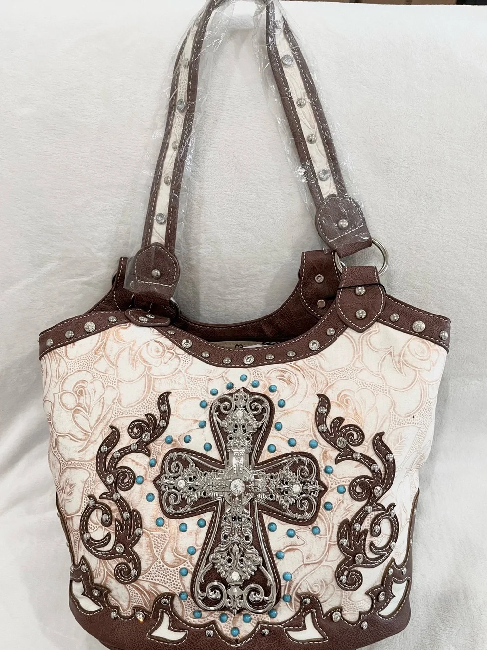 Brown and Cream Embellished Cross Satchel Tote NWT