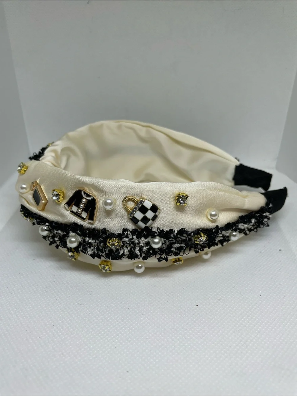 Silk Pearl & Gem Embellished Knotted Headband - Cream