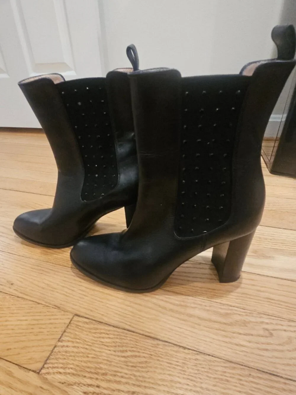 Aqua Italia Black Leather Studded Ankle Boots | Block Heel