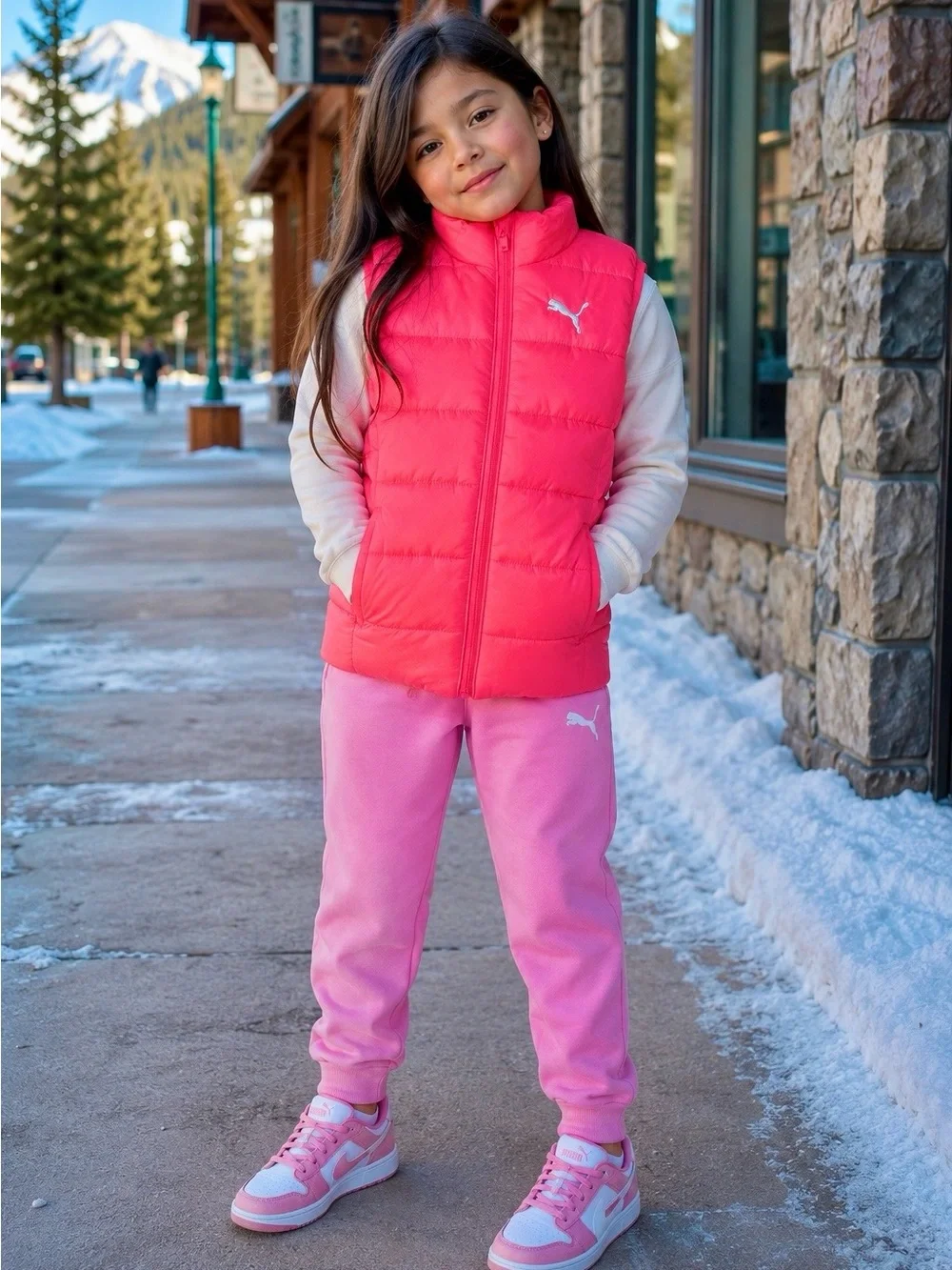 Puma Girls Pink , Joggers and Hot Pink Puffer Vest Set (5-6) XS