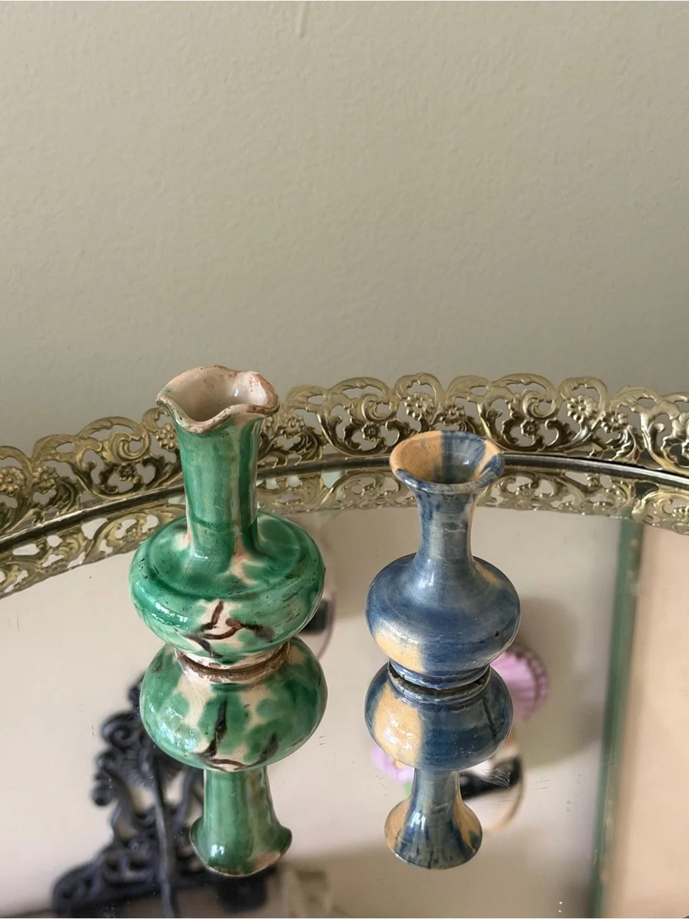 Vintage pair miniature ceramic drip glaze pottery vases, Mexico