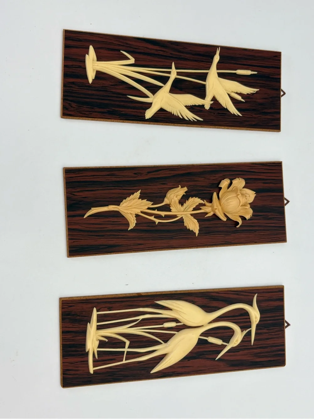 Set of 3 Mid-Century Modern Carved Wall Plaques in Brown and Cream