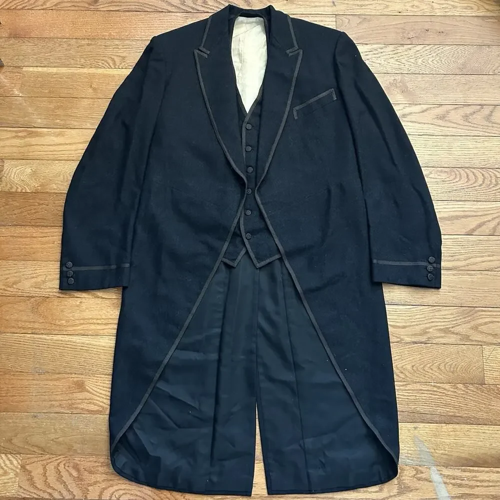 Vintage 1948 Morning Suit 40s Bespoke Wool Coat And Vest Set Single Button Small