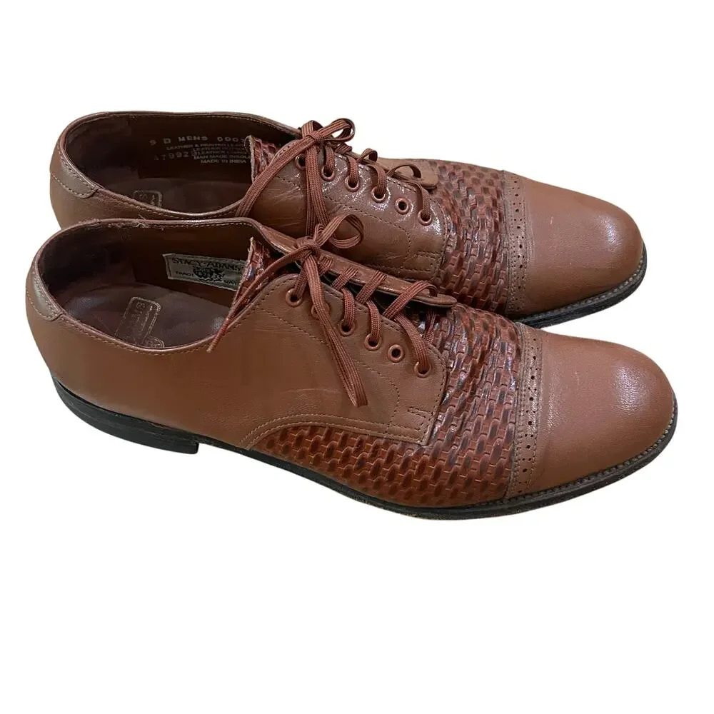 Stacy Adams Brown Leather Woven Cap Toe Oxfords Mens 9D Dress Shoes Vintage -