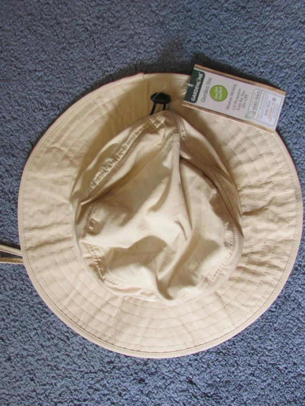 NWT Gardenline Bucket Garden Sun Hat Beige Chin Strap Lightweight One Size 50UPF