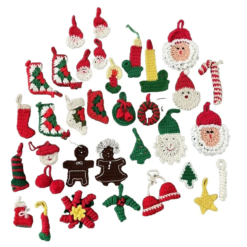 Vintage Lot of 33 Handmade Chrocheted Christmas Ornaments Santas Wreaths Candles
