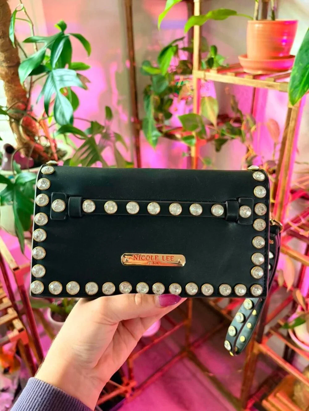 Nicole Lee Black Rhinestone Studded Crossbody Clutch Wallet Purse