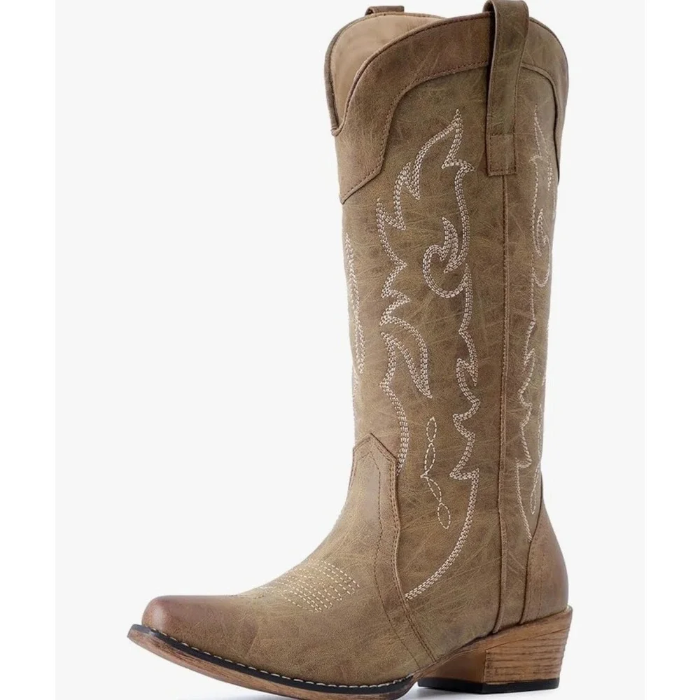 IUV Women's Western Cowboy Boots Taupe Embroidered Mid Calf Block Heel US 8