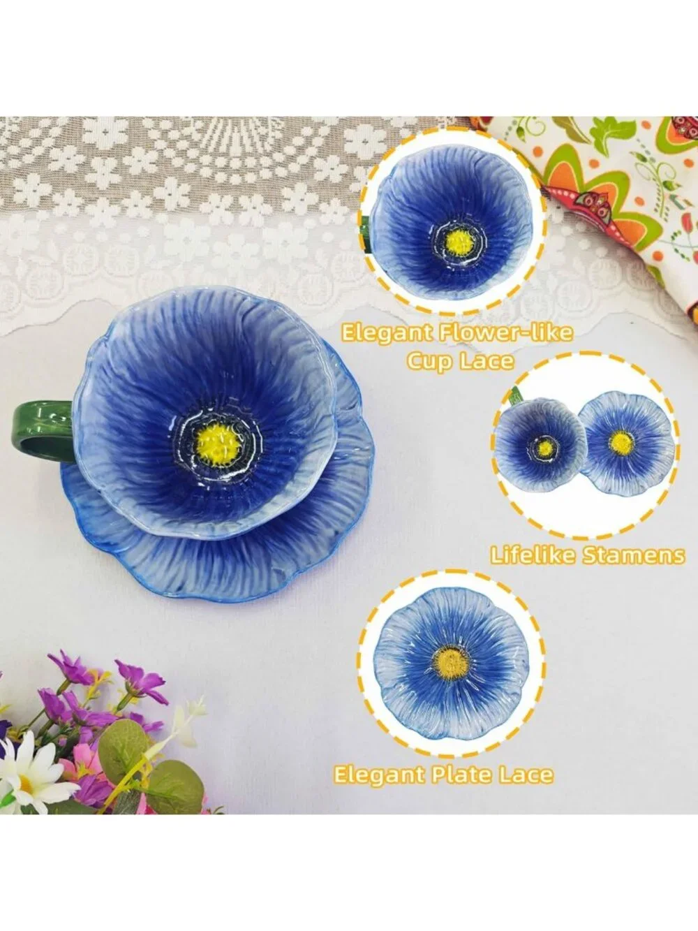 Elegant Floral Ceramic Tea Cups & Saucers Set - 10 oz Microwave & Dishwasher