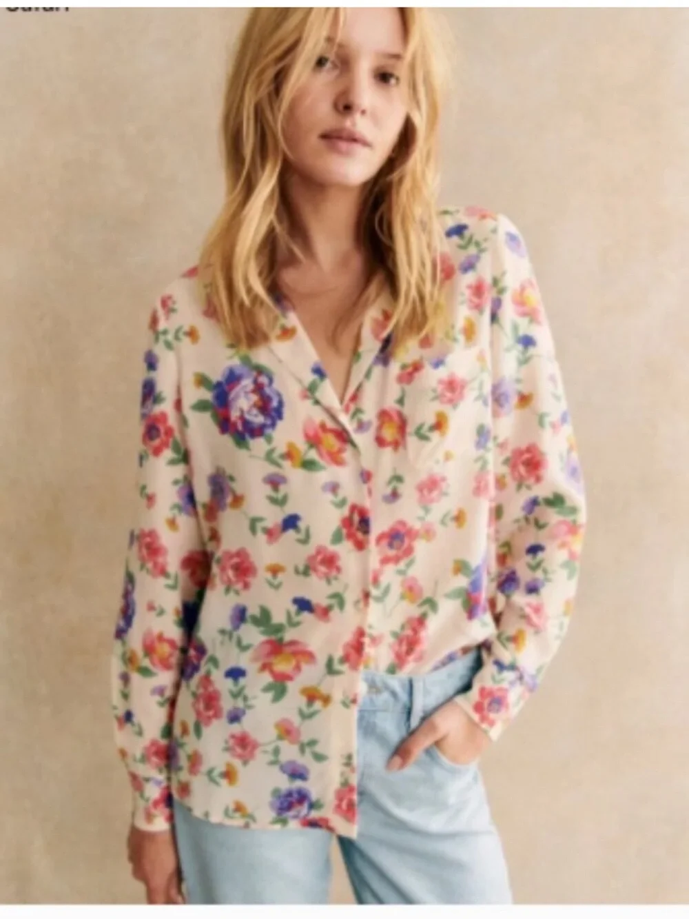 Sezane Pierro Silk Cream Floral Long Sleeve V Neck Button Up Blouse Top - 34