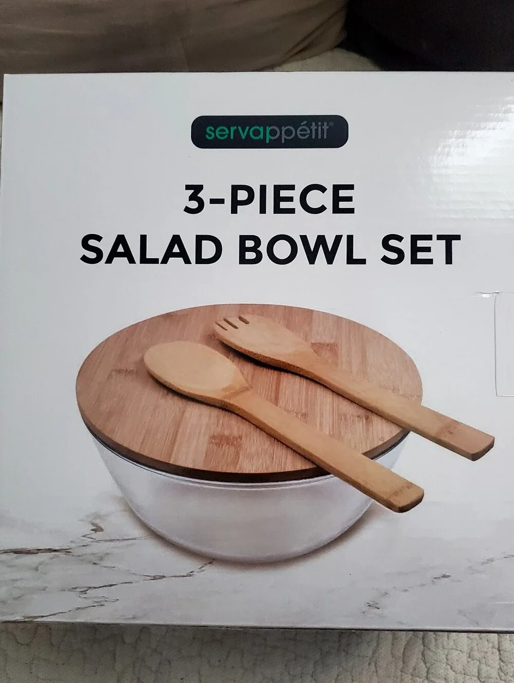 servappétit 3-Piece Salad Bowl Set with Bamboo Lid & Servers - Natural Brown