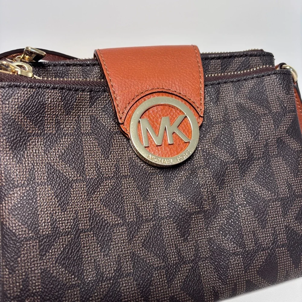 Michael Kors Brown Signature Coated Canvas and Leather Fulton Crossbody Bag