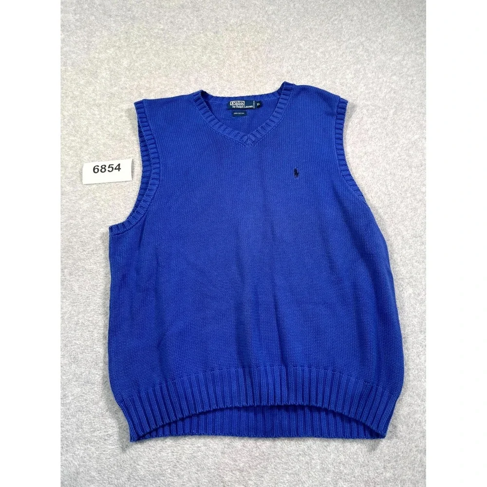 Vintage Polo Ralph Lauren Sweater Vest Mens XL Blue Cotton Knit Hong Kong Preppy