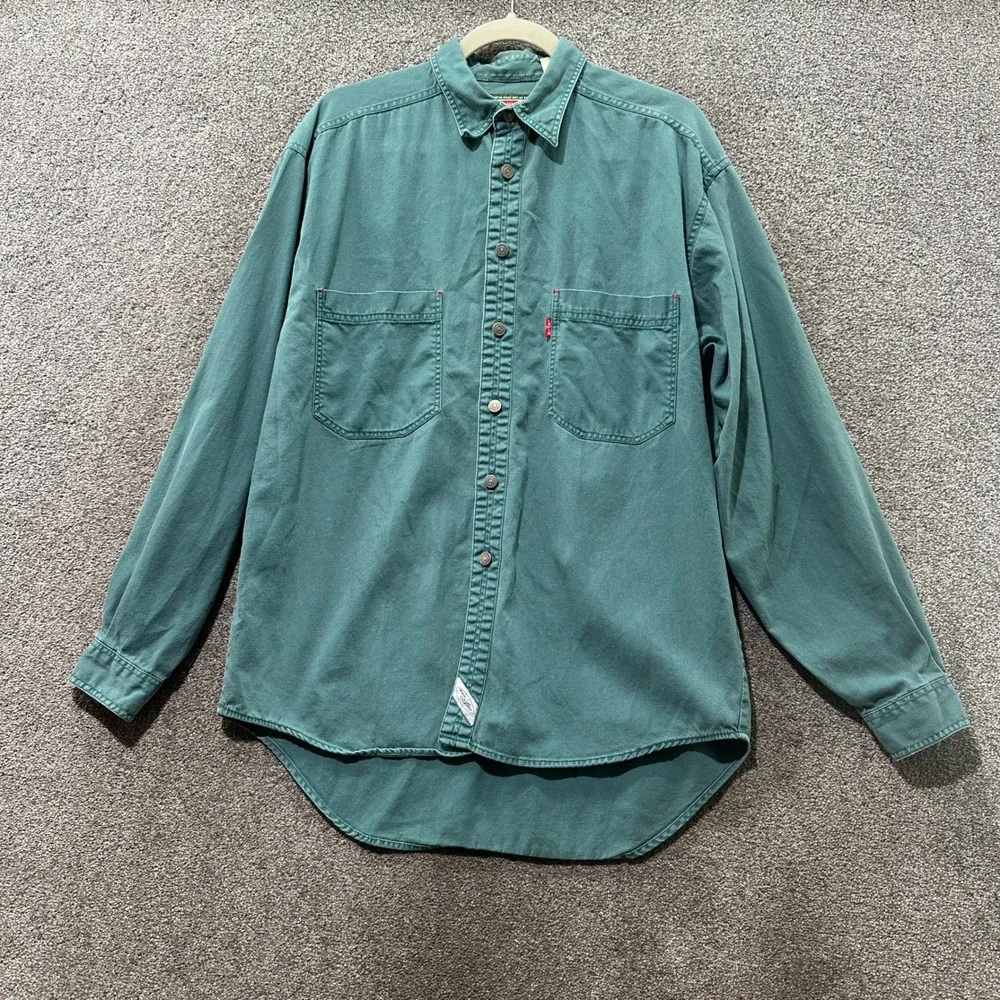 Levi Strauss Mens Long Sleeve Button Down Shirt Teal Green Cotton Twill XL