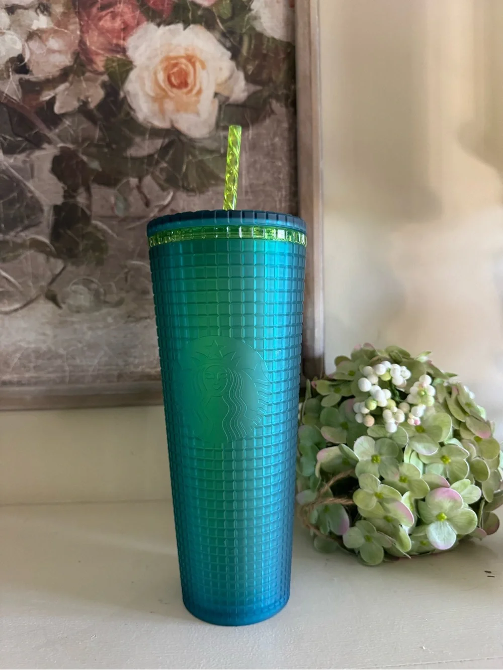 Starbucks 2022 Green Blue Grid Studded Tumbler Mountain Dew Glowing Straw & Rim