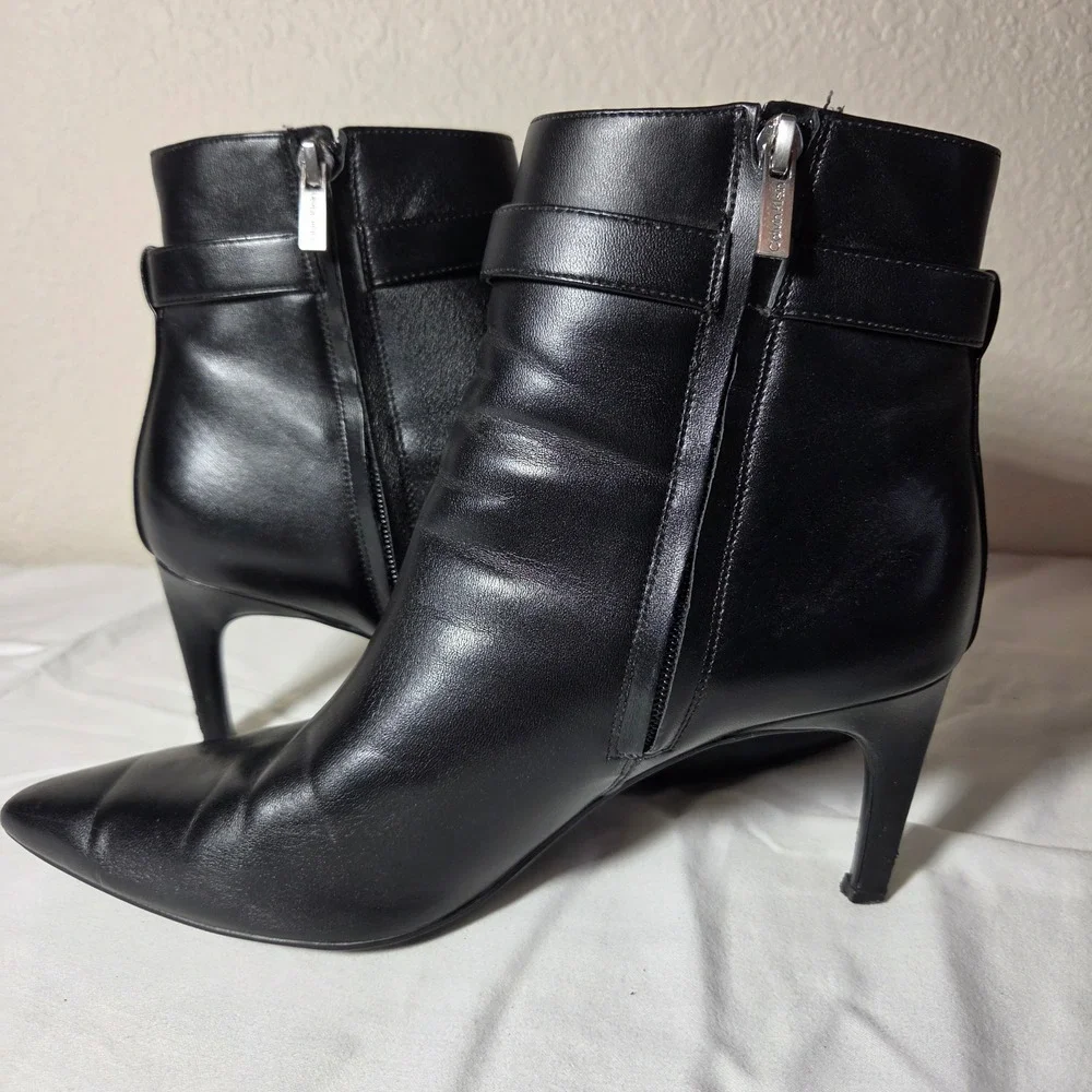 Calvin Klein Black Leather Pointed Toe Ankle Boots Silver Logo Hardware W9.5M