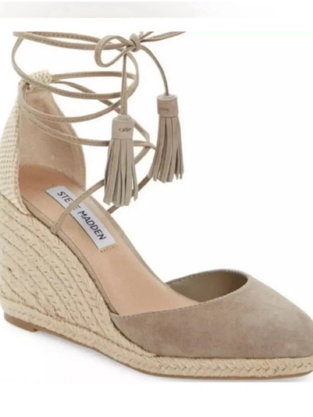 Steve Madden Taupe Suede Espadrille Wedge with Tassel Ankle Ties