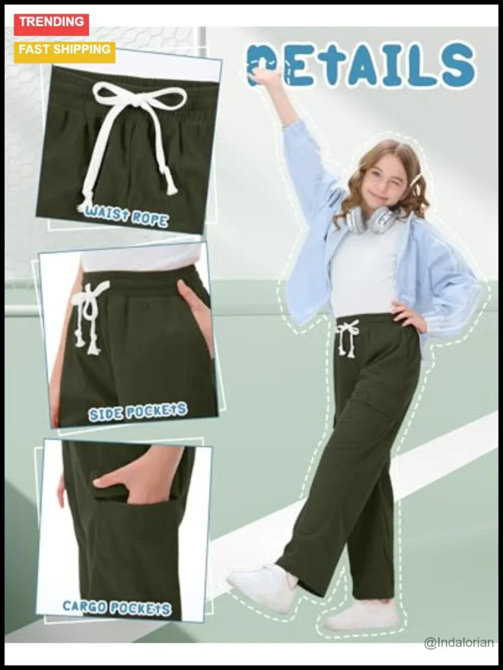 Girls Corduroy Cargo Pants Jogger with Pockets School Uniform Straight Leg
