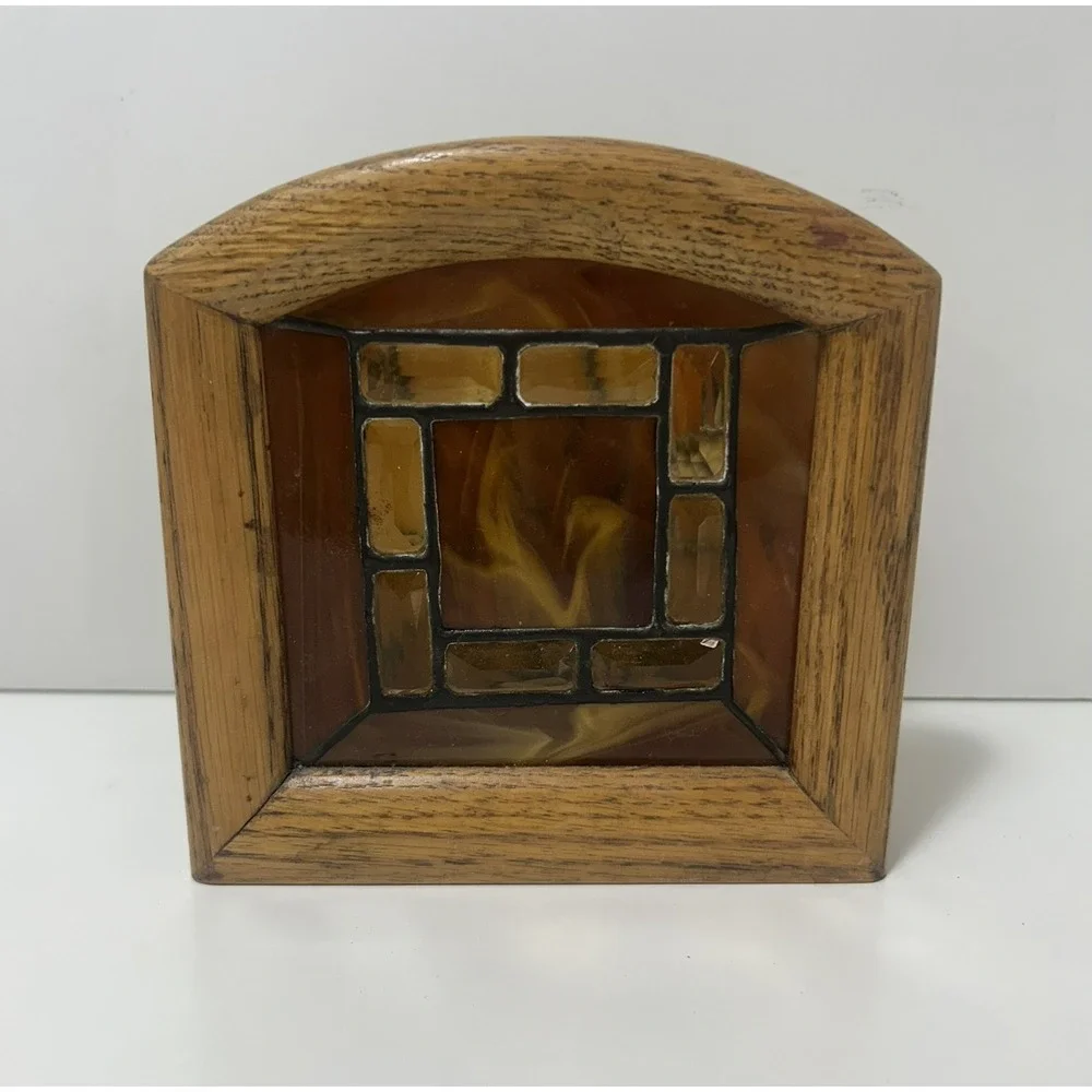 Vintage Wooden Wood Napkin Holder Brown Stained Glass Kitchen Decor