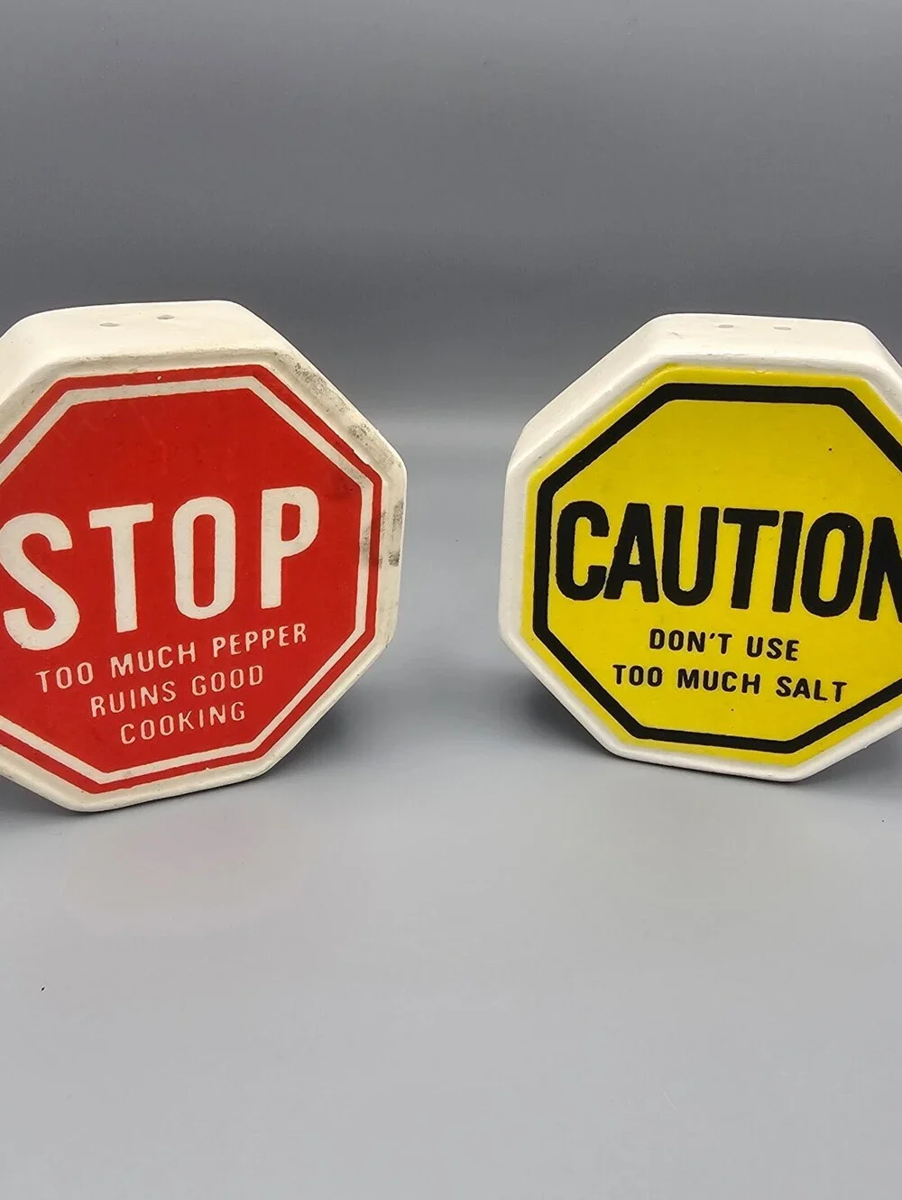 Vintage Stop and Caution Octagonal Salt and Pepper Shakers