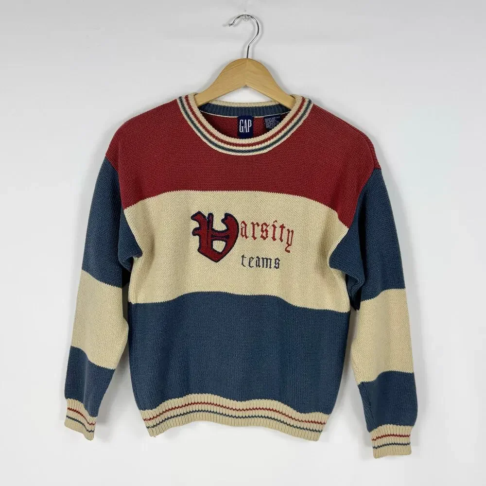 Gap Kids Vintage 80s Varsity Teams Knit Sweater Large Red Beige Blue 100% Cotton