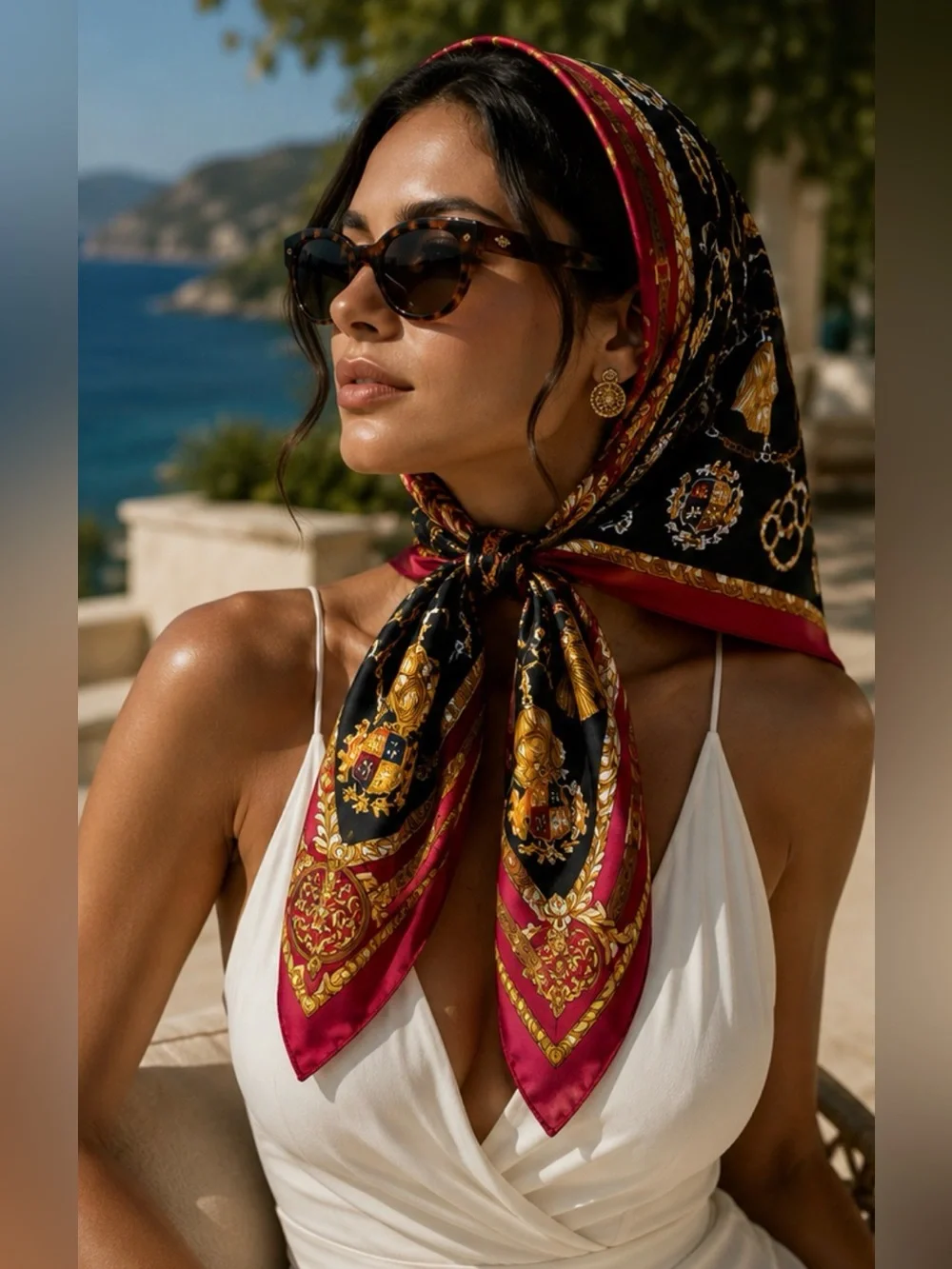 Equestrian Baroque Chain & Belt Silk Scarf — Red, Black, Gold
