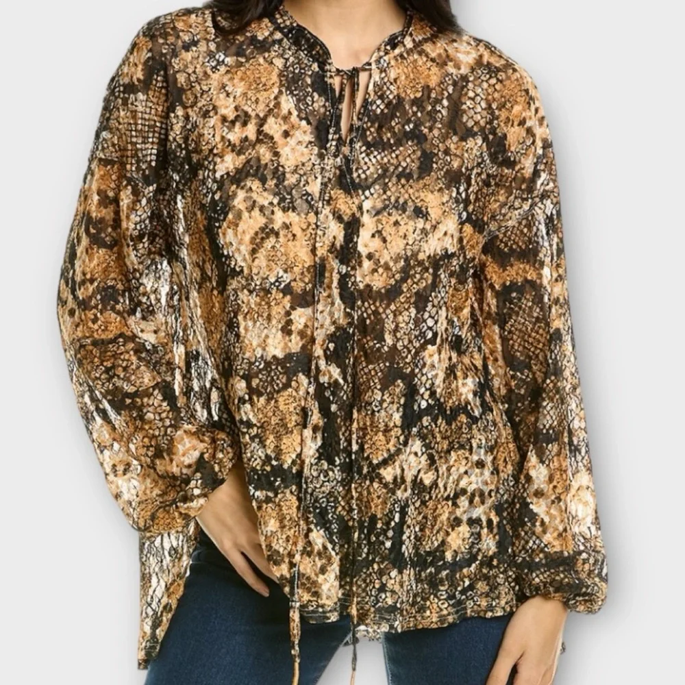 Free People Women’s Out For The Night Blouse Medium Snakeskin Semi Sheer Boho